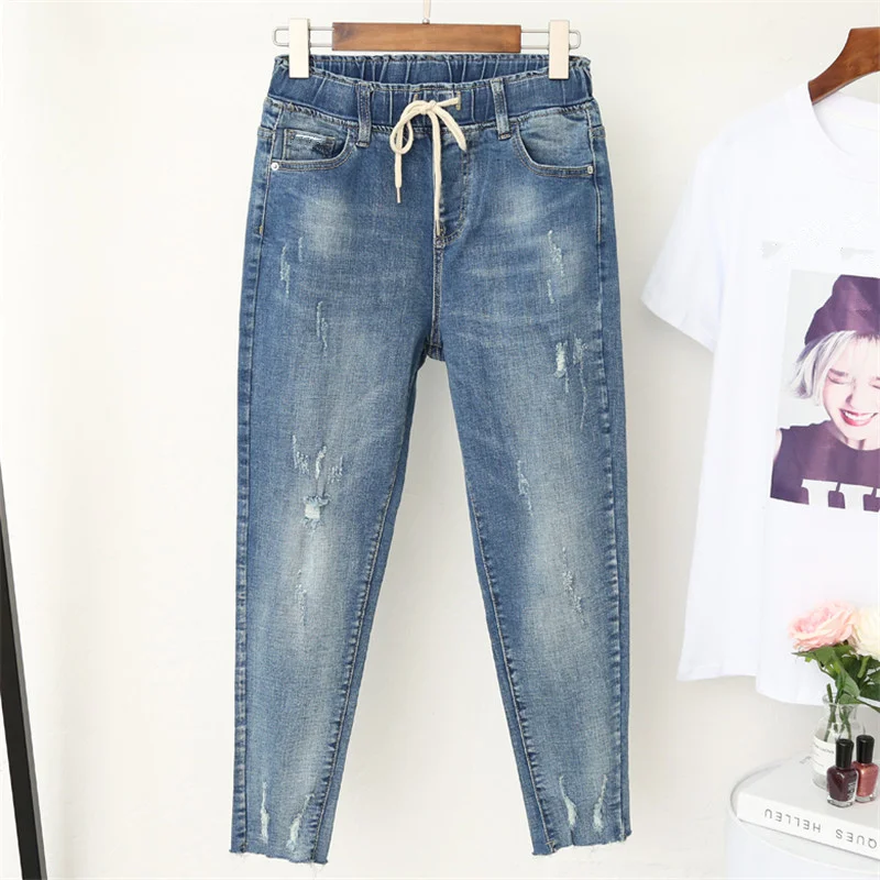 

5XL размера плюс джинсы для женщин в стиле бойфренд, повседневные винтажные джинсы с высокой талией, джинсовые шаровары с эластичной талией, ...