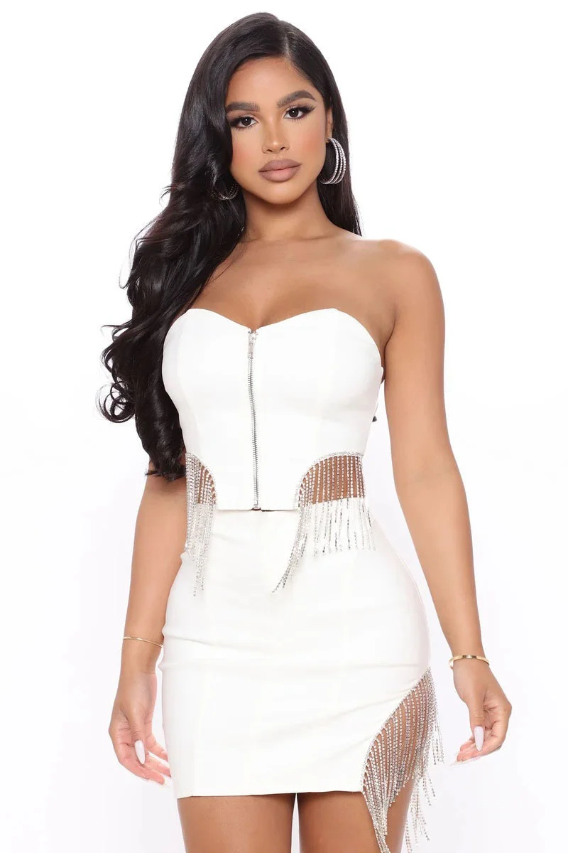 

Cutubly Solid Two Piece Set For Women Strapless Slim Tassel Women Set Outfits Summer Zipper Top Mini Skirt Set Party Club Wear