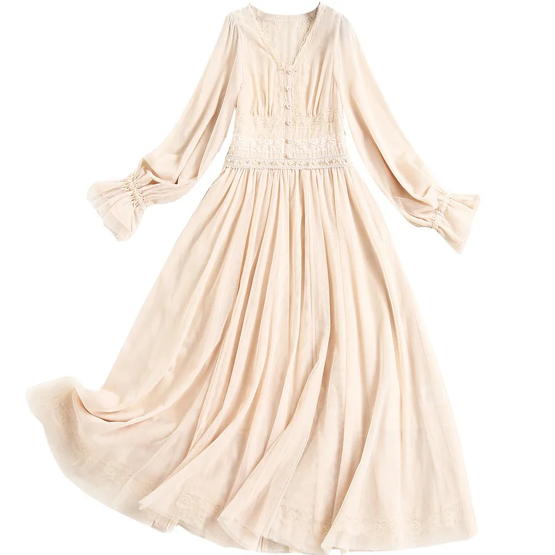 

Cocochoose Women embroidery mesh dress summer 2021 pearls beading elegant lace V-neck long sleeve tulle dresses palace vintage