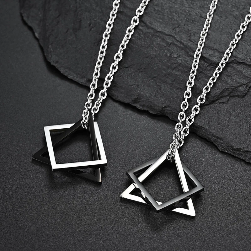 

Stainless Steel Modern Trendy Geometric Stacking Streetwear Necklace Geometry Interlocking Square Triangle Male Pendant for Men