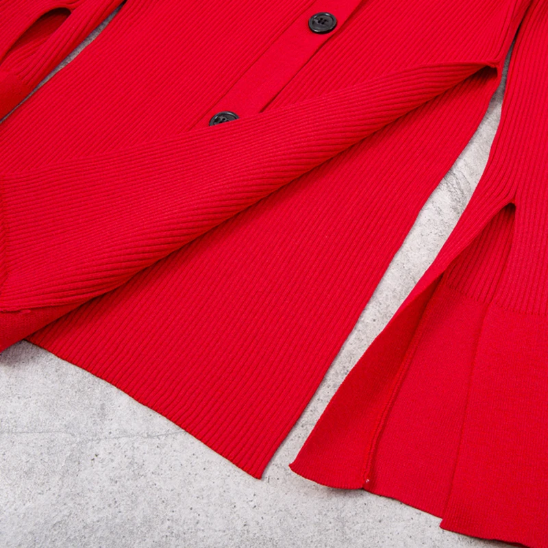 

[EAM] Red Slim Irregular Knitting Cardigan Sweater Loose Fit V-Neck Long Sleeve Women New Fashion Spring Autumn 2021 1DD5278