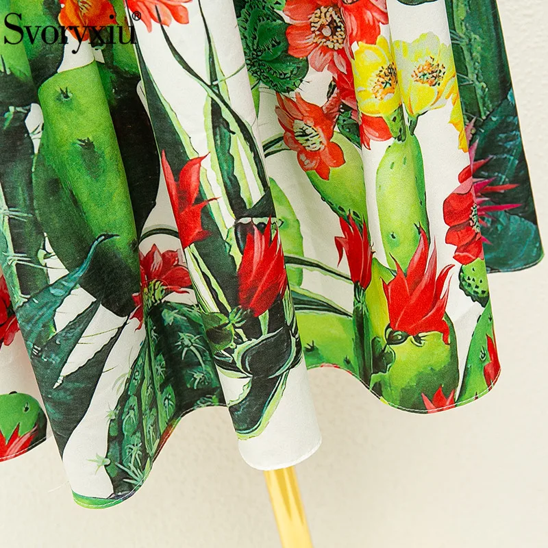 

Svoryxiu Women's Summer Sexy Off Shoulder Cactus Flower Print Dress Fashion Puff Sleeve Elastic Waist Runway Short Dress