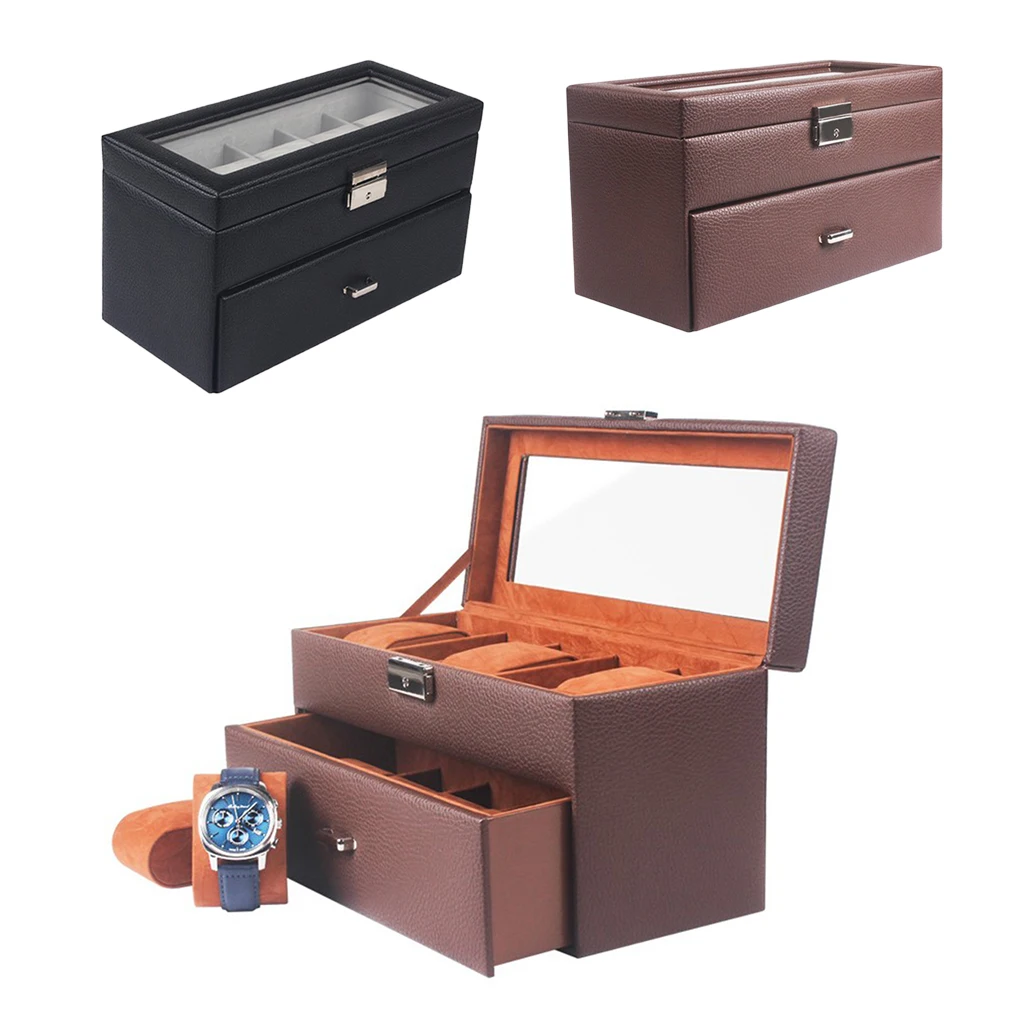 

10 Slot Leather Watch Box Jewelry Display Drawer Watch Showcase with Lid
