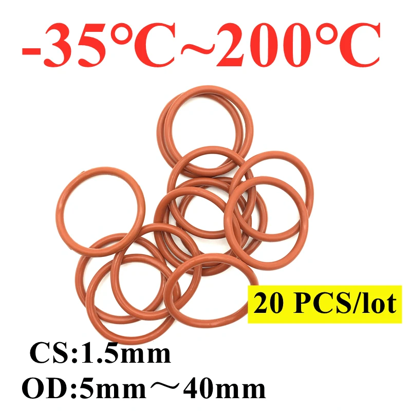 

20pcs Red VMQ Silicone O Ring CS 1.5mm OD 4.5mm ~ 45mm FoodGrade Waterproof Washer Rubber Insulated O Shape Seal Gasket