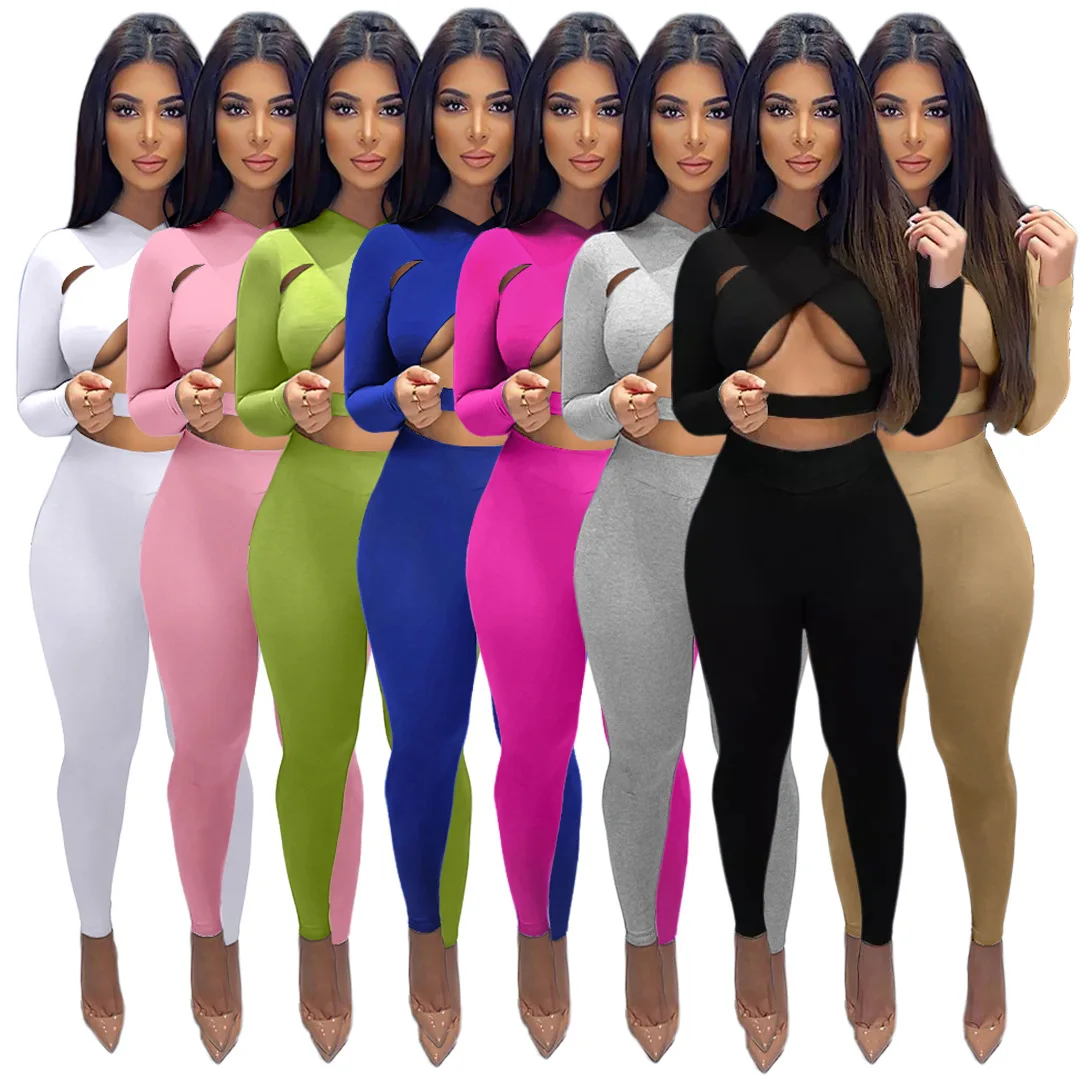 

New Women Two Piece Sets Skinny Criss-Cross Cleavage Hollow Out Top+Stretch Legging Pants Matching Set Active Sexy Club Outfits