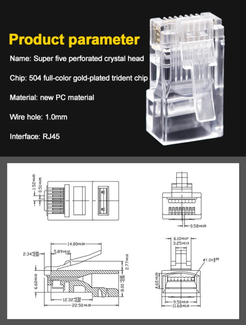 

100pcs 8P8C RJ45 Adapter Connectors High Speed Transmission Speed Super Five Perforated Crystal Head Adapter