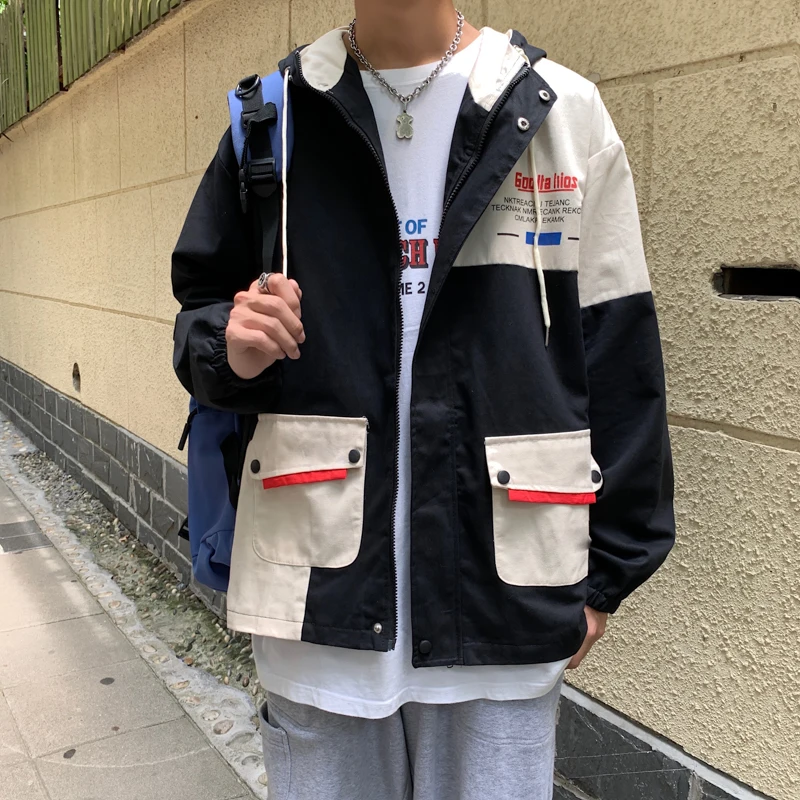 

Black Jacket Men Style Hooded Zipper Coat Patchwork Jackets For Men Style Youthful Vitality Top Mens Clothing Jackets BG50JS