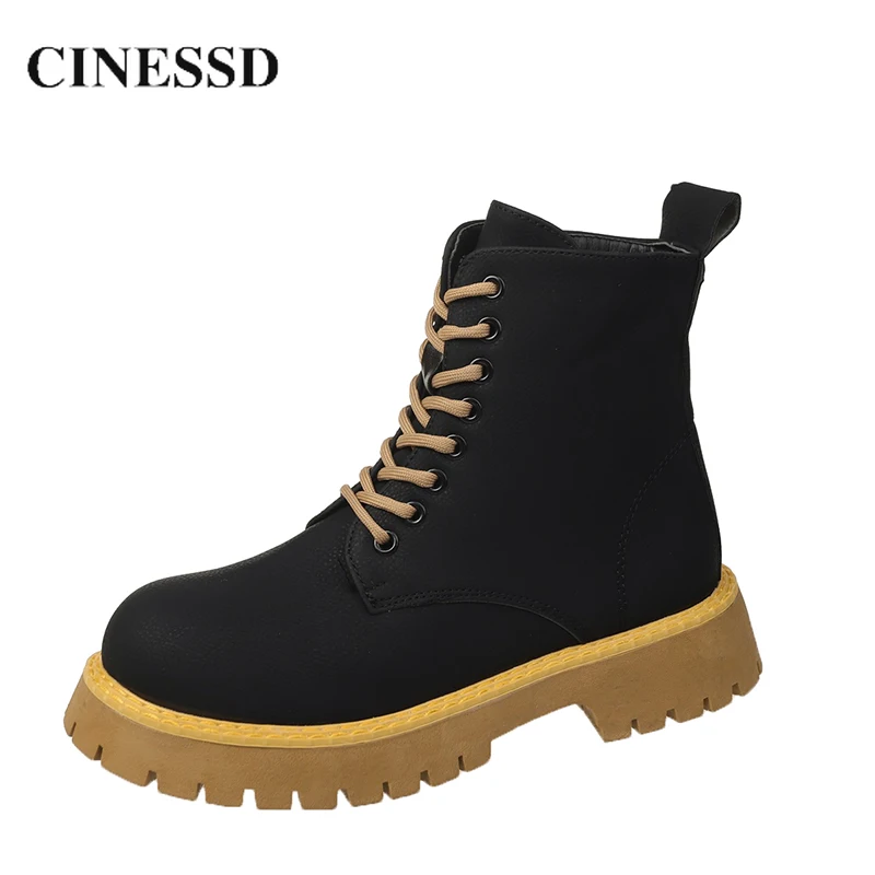 

Женские ботинки на меху CINESSD, зимние меховые ботильоны со шнуровкой, на молнии, в стиле панк, теплые черные ботинки из флока, женские ботинки ...