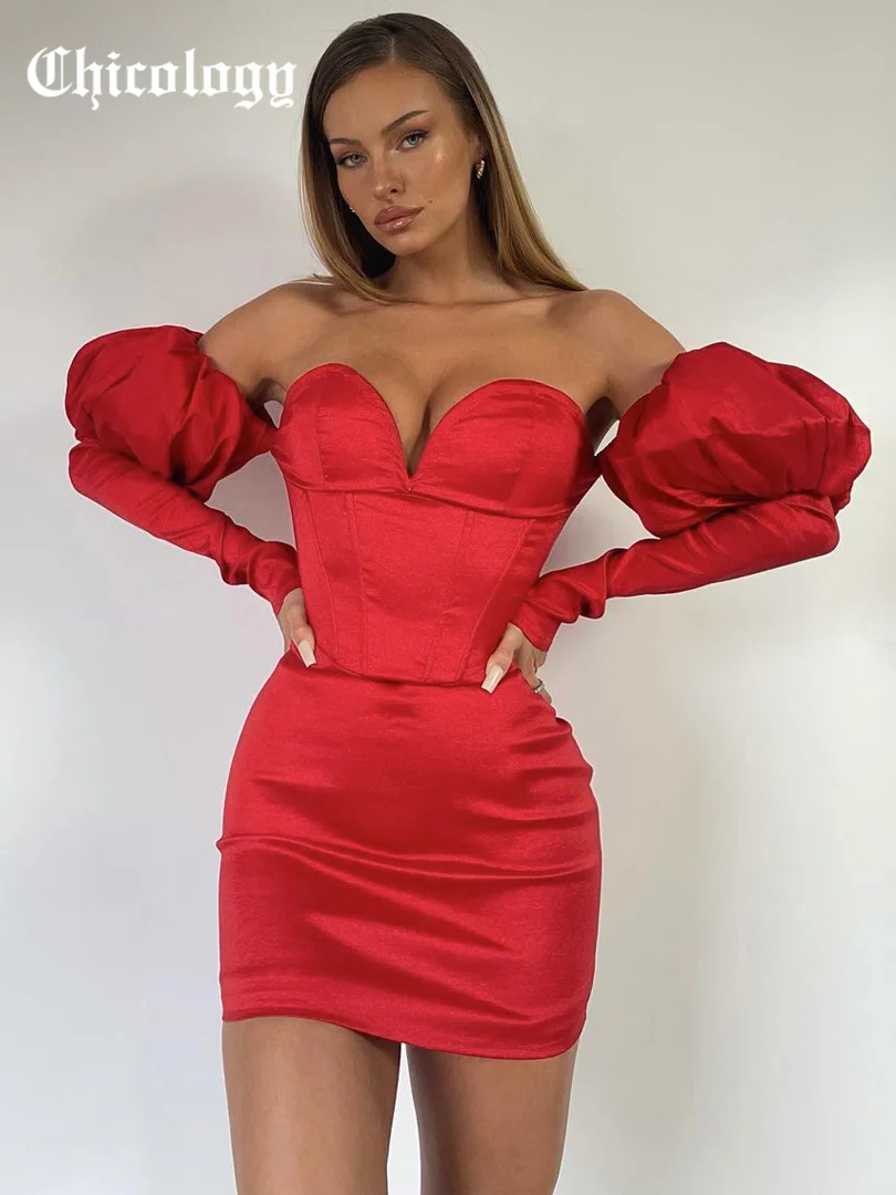 

Chicology 2021 Autumn Off Shoulder Puff Sleeve V Neck Mini Bodycon Fashion Elegant Party Club Evening Festival Christmas Dress