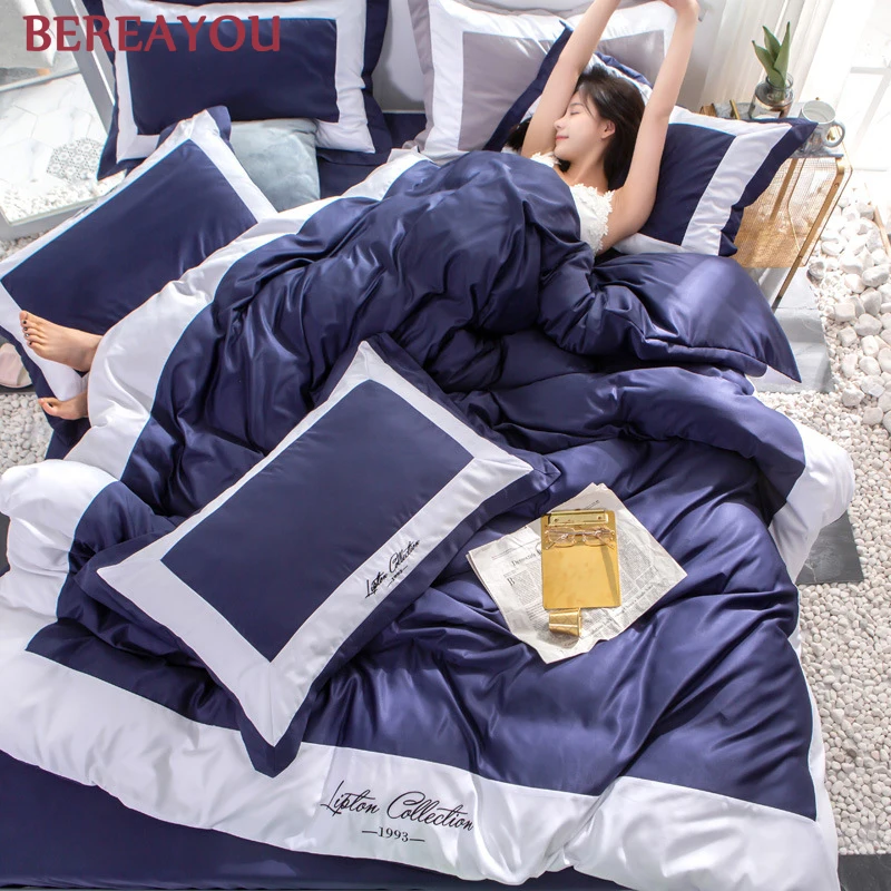 Роскошные комплекты постельного белья Tencel летние с пододеяльником сине серое