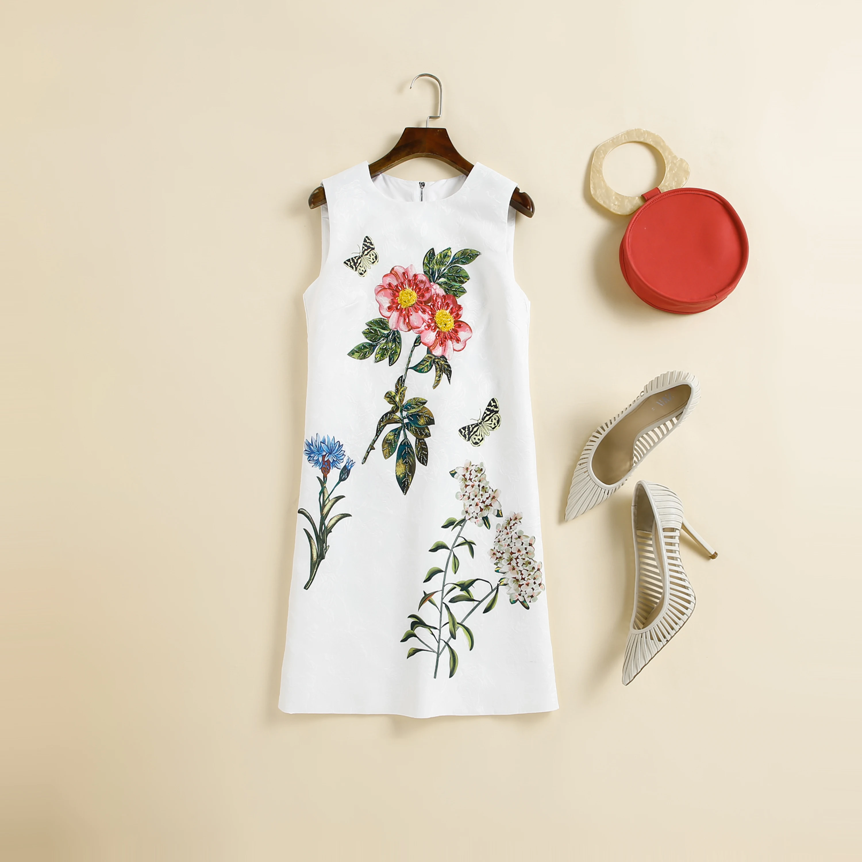 

Summer Holiday Dress Women's Sleeveless Luxury Diamonds Beaded Jacquard Vintage Red Dress