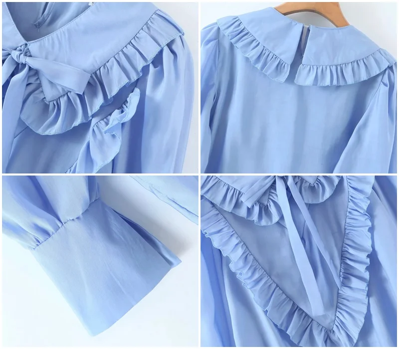 

MosiMolly Trendy Ruffle Blouses Shirt Women PeterPan Collar Blue Blouses Femela Bluses Shirt Tops 2021 Spring