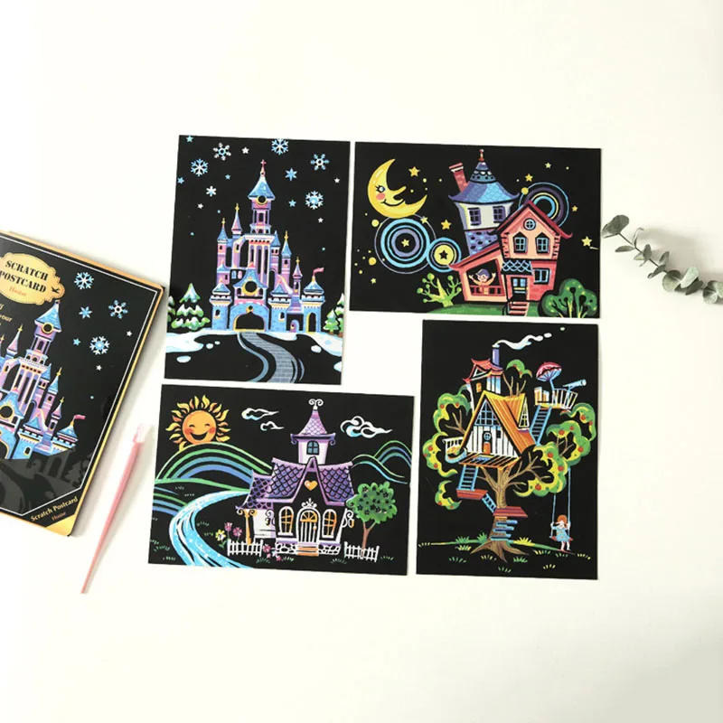 

Cute DIY Cartoon Colorful Scraping Painting Drawing Toys Animal Castle Fairy Tale Series Kid Scraping Painting Learnning Toy