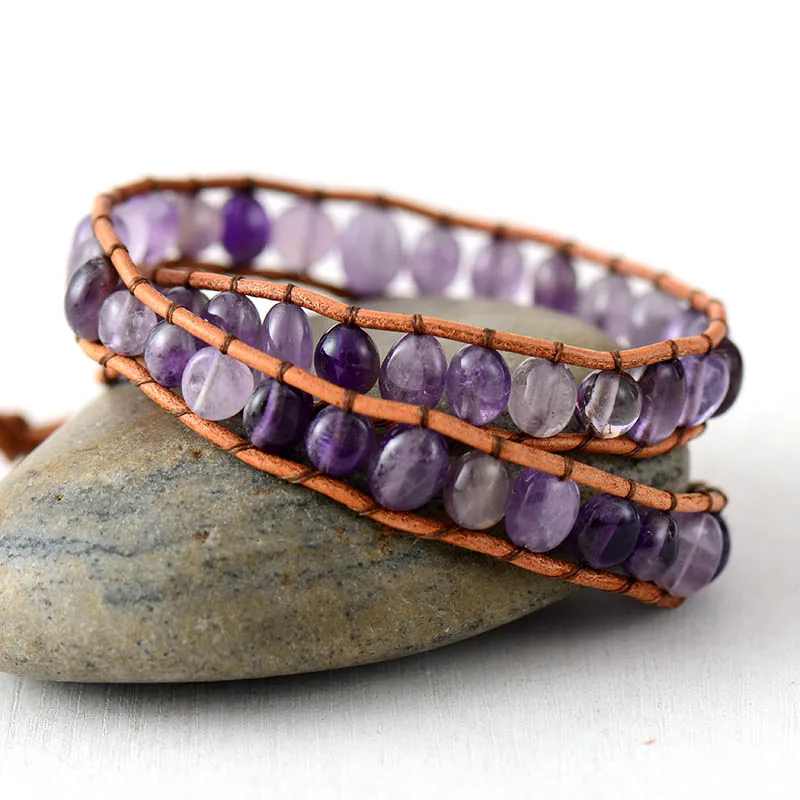 Womens Leather Bracelets New Purple Quartz 2 Strands Wrap Vintage Weaving Bead Bohemia Bracelet Dropshipping | Украшения и