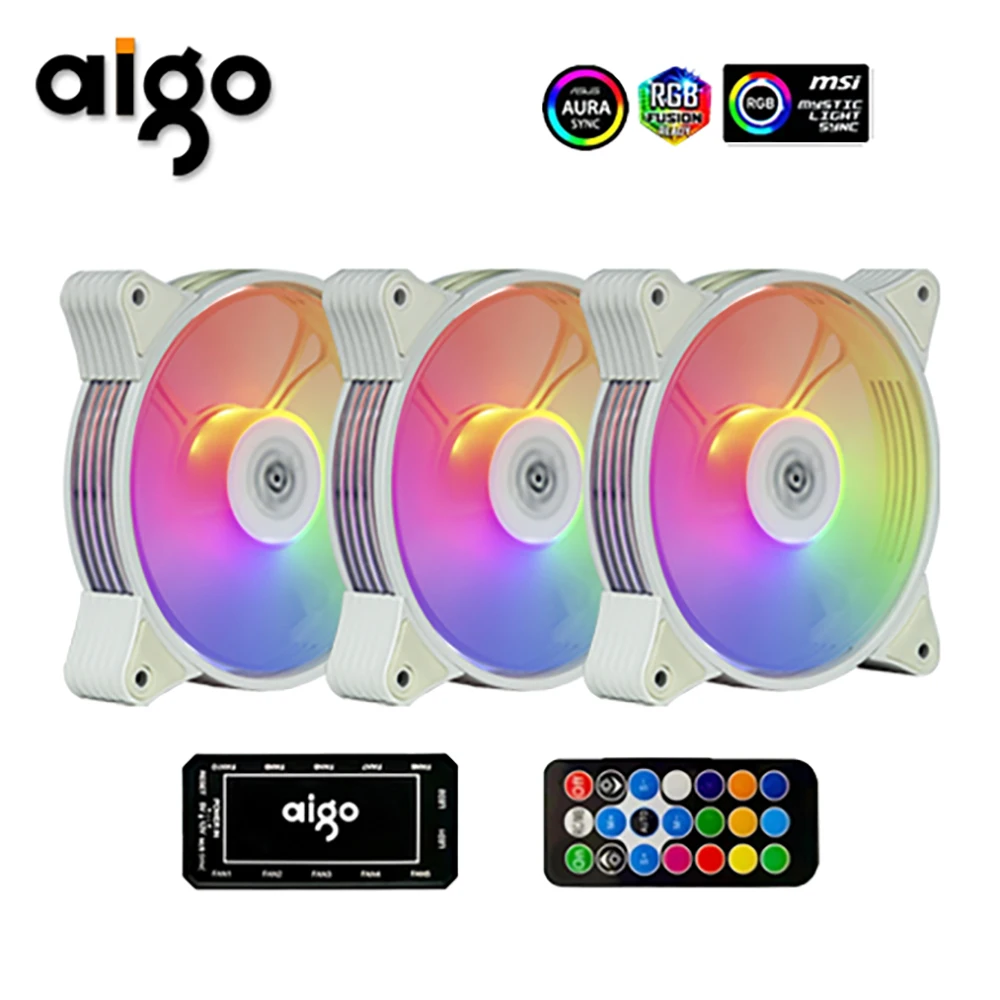 

Aigo AR12 White 120mm Cooling Fan RGB 3pin 5v aura sync 12cm pc computer Cooler argb Silent Case Fan with Controller