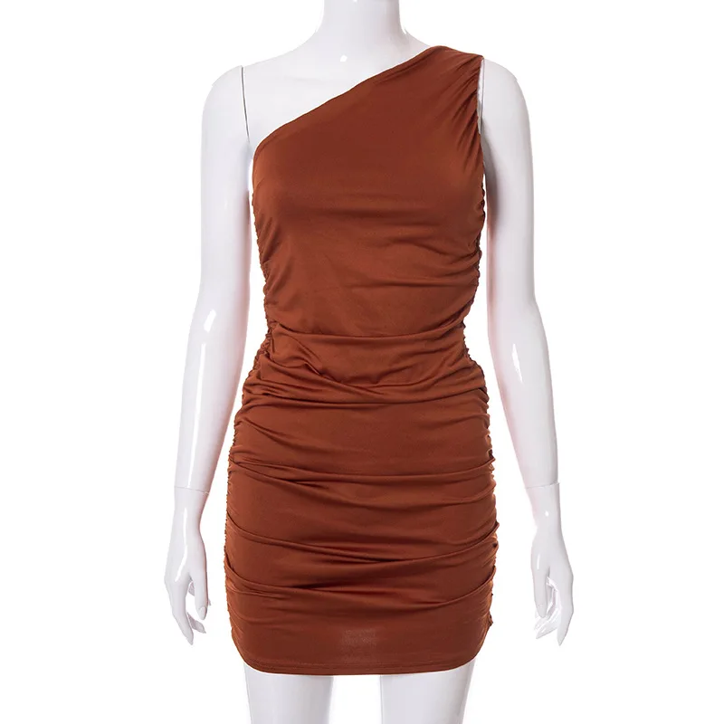 

Giyu One-shoulder Summer Sheath Dress Sleeveless Fashion Ruched Mini Party Dresses Women Clothing Backless Casual Vestidos 2021