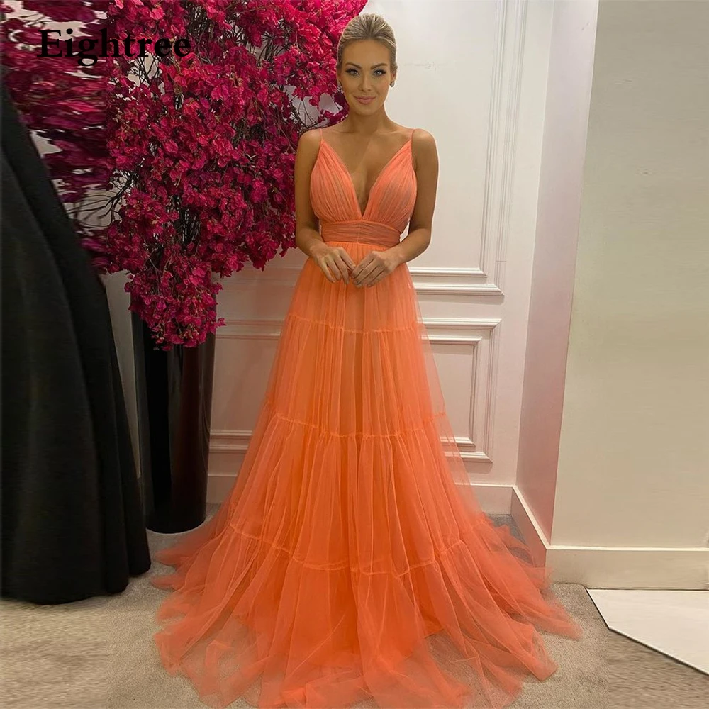 

Modern Orange Spaghetti Straps A Line Evening Dress V Neck Floor Length Sleeveless Bridal Party Gowns Dress Vestidos de festa