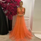 Современное оранжевое вечернее платье-трапеция на бретелях-спагетти с V-образным вырезом длиной до пола без рукавов свадебные вечерние платья