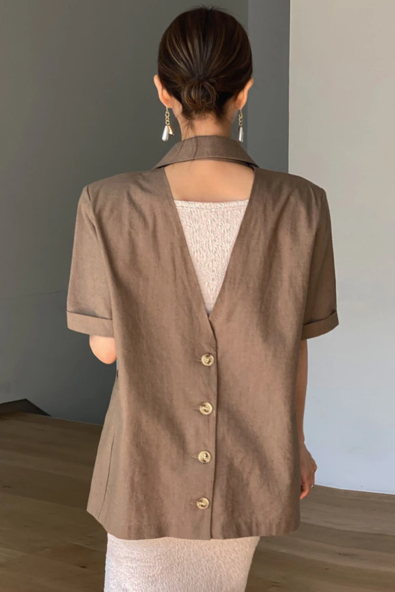 

Sannian Women Coat Summer New French Lapel Careful Machine Halter Button Double Pocket Short-sleeved Suit Jacket Women Tops