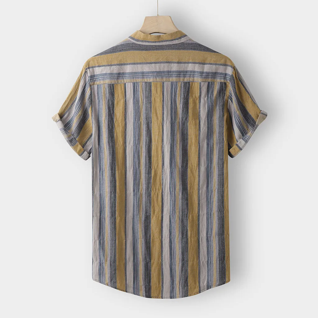 Fashion Men's Casual Button Hawaii Striped Print Beach Short Sleeve Top Blouse Contrast Color Printed Turn Down Collar shirts | Мужская