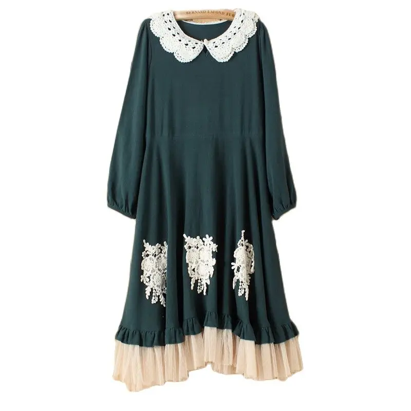 

Japanese Lolita Mori Girl Bohemian Retro Vintage Ethnic Lace Collar Crochet Cotton Thick Long Sleeve Casual Women Autumn Dress