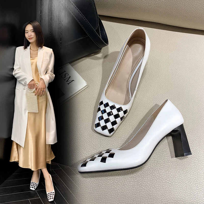 

Женские кожаные туфли-лодочки Superstar, туфли на высоком толстом каблуке, без застежки, с квадратным носком, из соломы, разные цвета