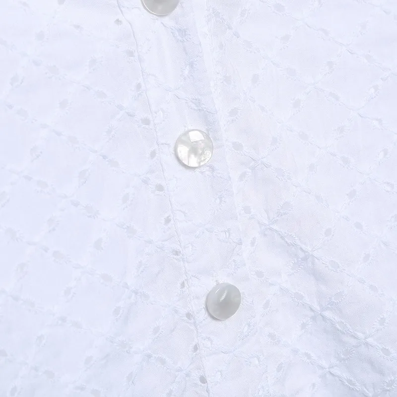 

Alldoke Summer 2021 White Hollow Out Blouse Women Ruffles V-neck Flying Sleeve Casual Blusas Ladies Thin Blouses Femme Blusas