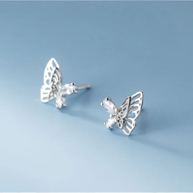 

A00207 Jazaz Genuine 925 Sterling Silver Romantic Korean Hollow Charming Butterfly Small Earrings for Women Insect Jewelry Trend
