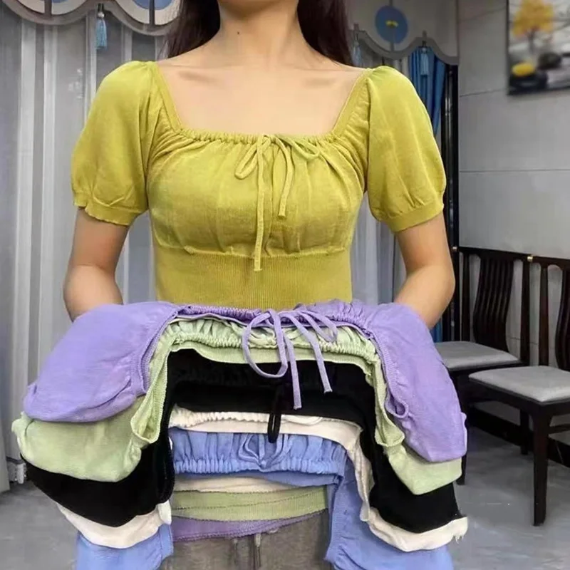 

T Shirt for Women Summer Sweet Beautiful Square Collar T-shirt Puff Sleeves Knitted Female Bottoming Top