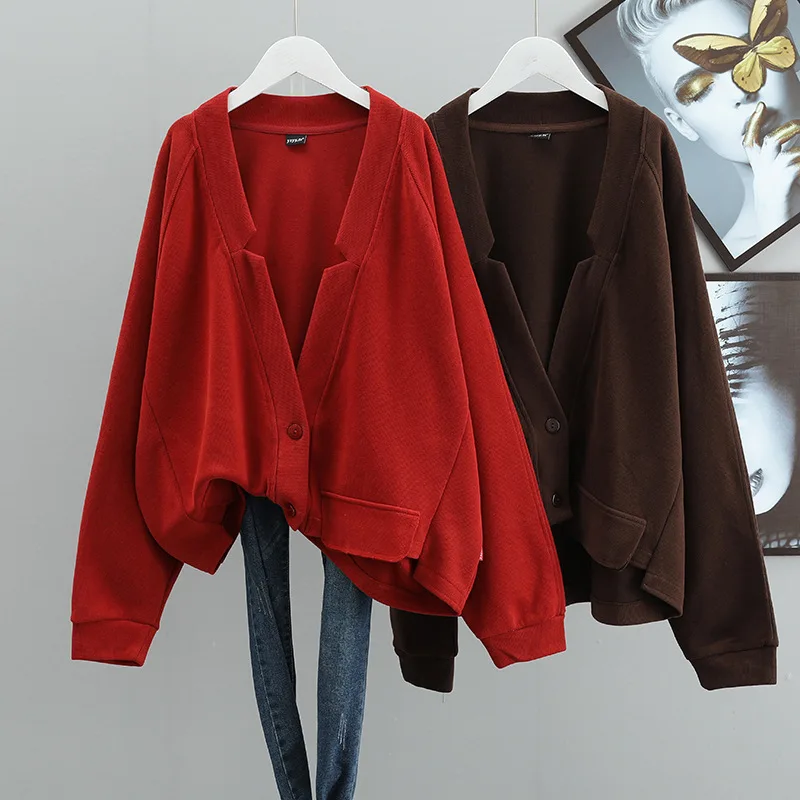 

2022 Spring Autumn New Loose Slim Stretch Sweater Korean Casual Lazy Style V-neck Simple Solid Color Women Jacket Free Shipping