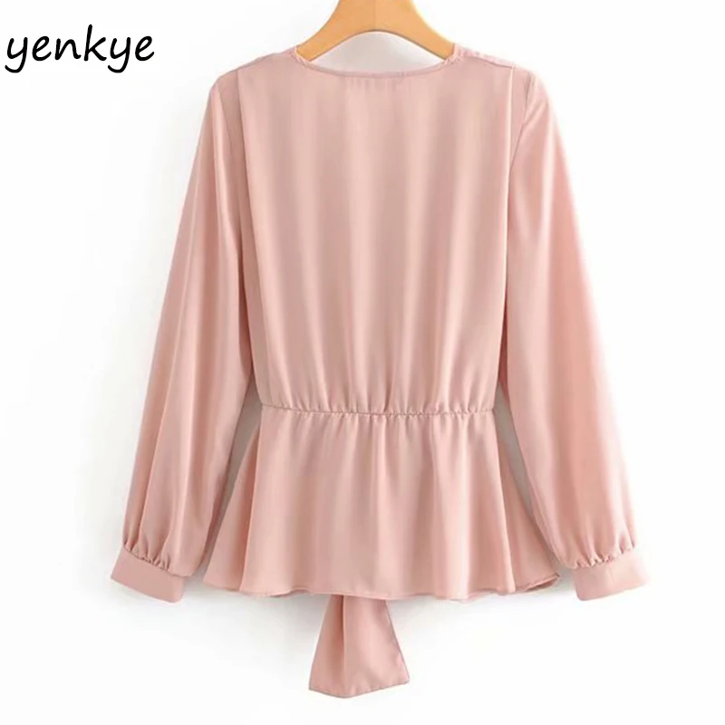 Модная женская однотонная блузка с поясом рубашка v-образным вырезом и длинным