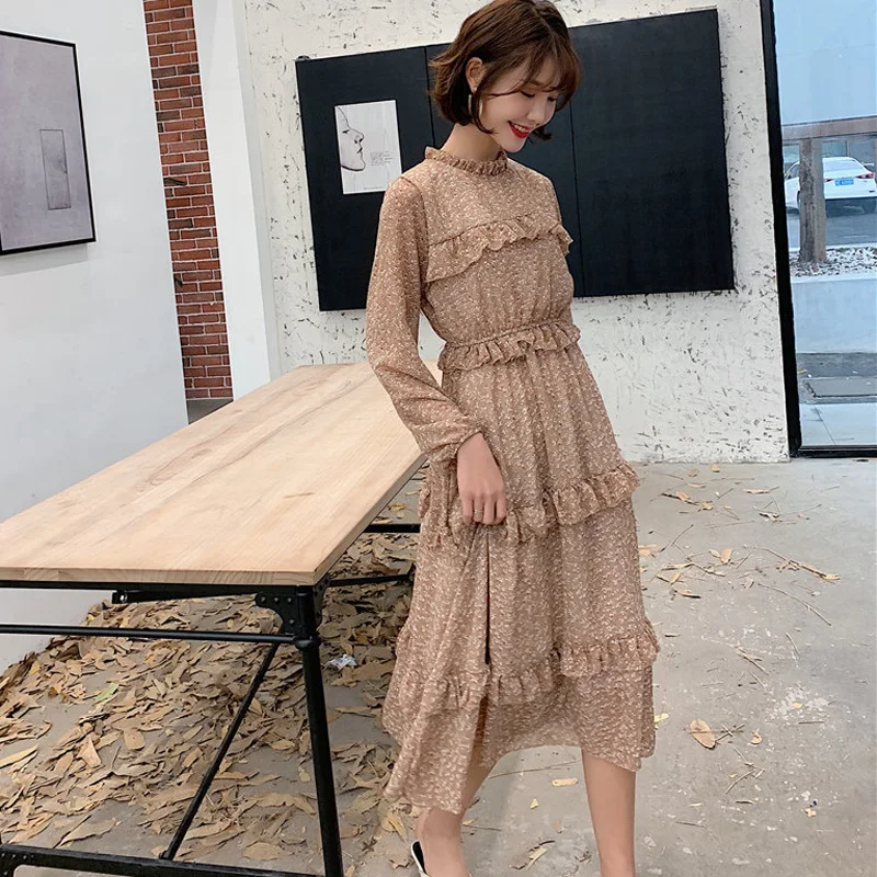 BGTEEVER Vintage Floral Print Chiffon Dress Women Ruffles Elastic A-line Female Midi 2019 Autumn Chic Vestidos Femme Женская одежда