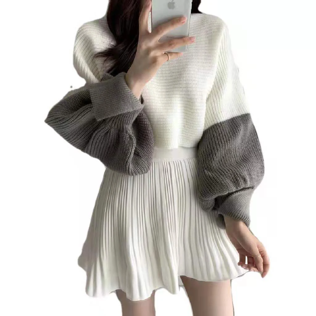 

Women New Winter Loose Warm Patchwork Short Sweaters Casual O-neck Knitted Female Tops Autumn Lantern Sleeve Fashion Jumpers