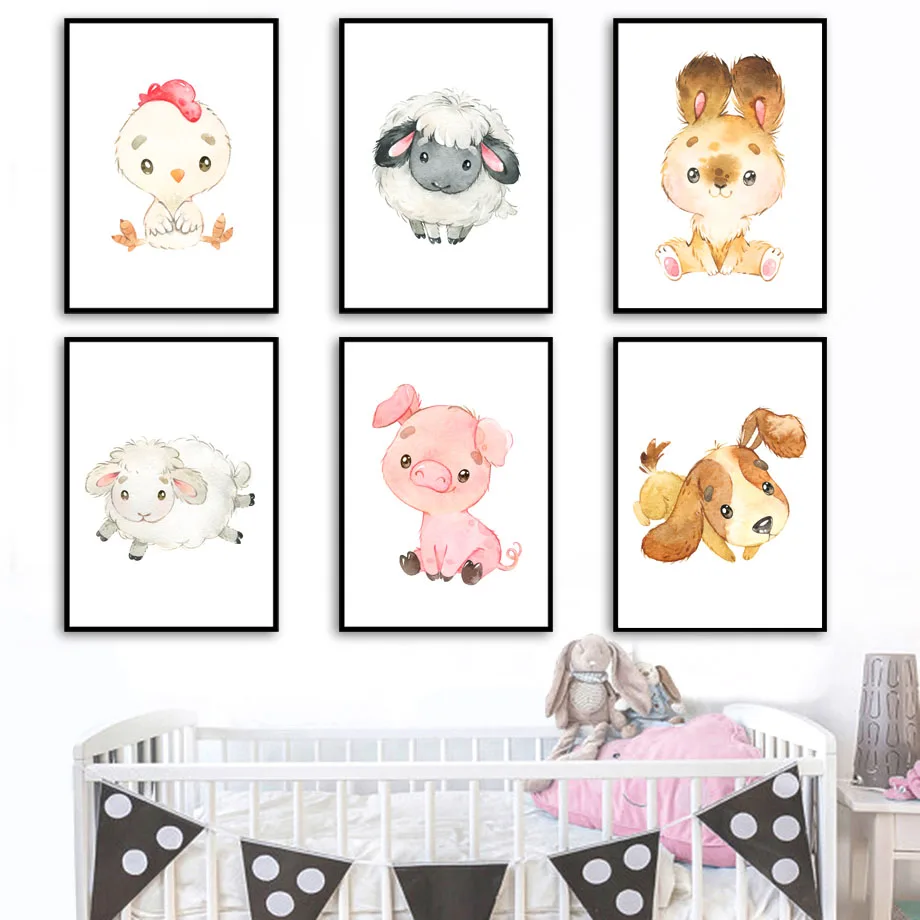 Мультфильм собака цыпленок овца кролик свинья питомник стены искусства холст