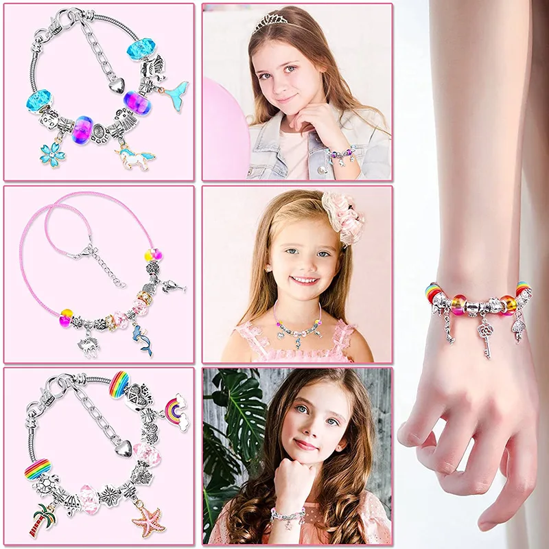 112 PCS DIY Charm Bracelet Necklaces Jewelry Making Kit with Pink Gift Box for Girls Women Valentines Birthday Christmas Gift