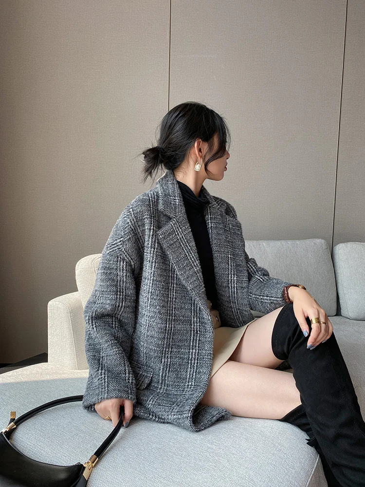 

Net red plaid gold mink fabric suit coat women's Korean loose chic leisure medium long thickened coat winter