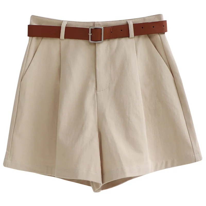 

safari style cotton solid women shorts 2020 summer new high waist wide leg casual all match female shorts top quality