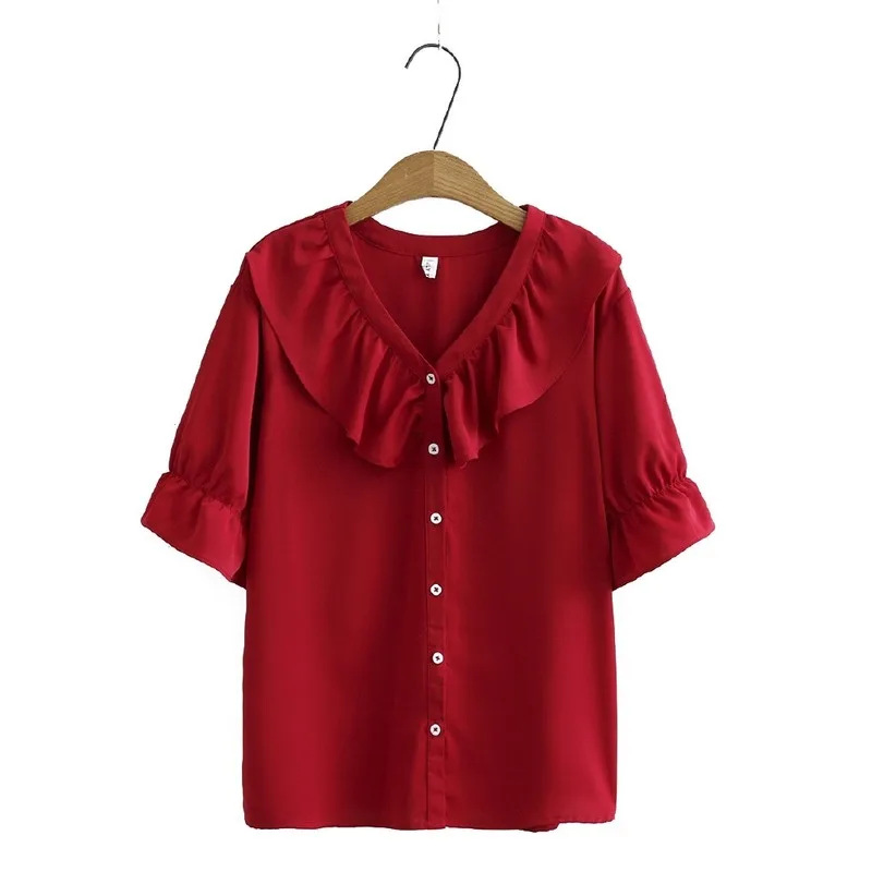 

Plus Size XL-3XL Red White Tops Women's Short Sleeve V-neck Chiffon t shirts Vintage Solid Elegant Workwear tops