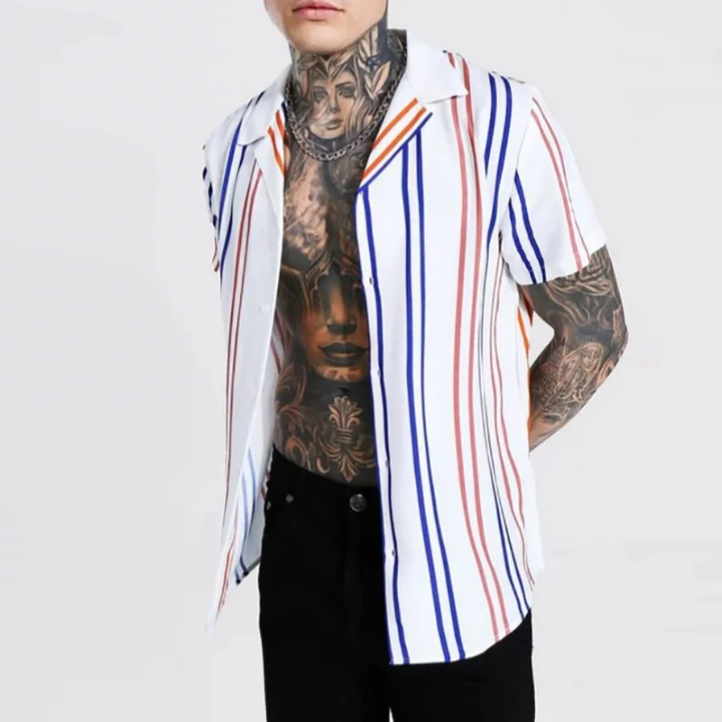 

2022 Summer Casual Striped Printed Patchwork Shirt Men Fashion Short Sleeve Turn-down Collar Shirts Buttoned Tops Men Streetwear