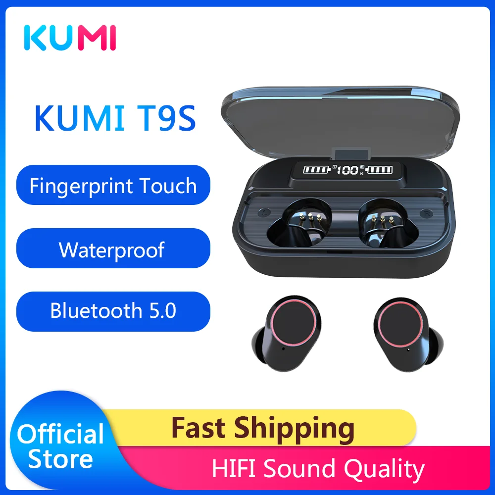 

Беспроводные Bluetooth-наушники KUMI T9S Pro, спортивные наушники-вкладыши со светодиодный ным цифровым дисплеем, наушники-вкладыши для iOS/Android