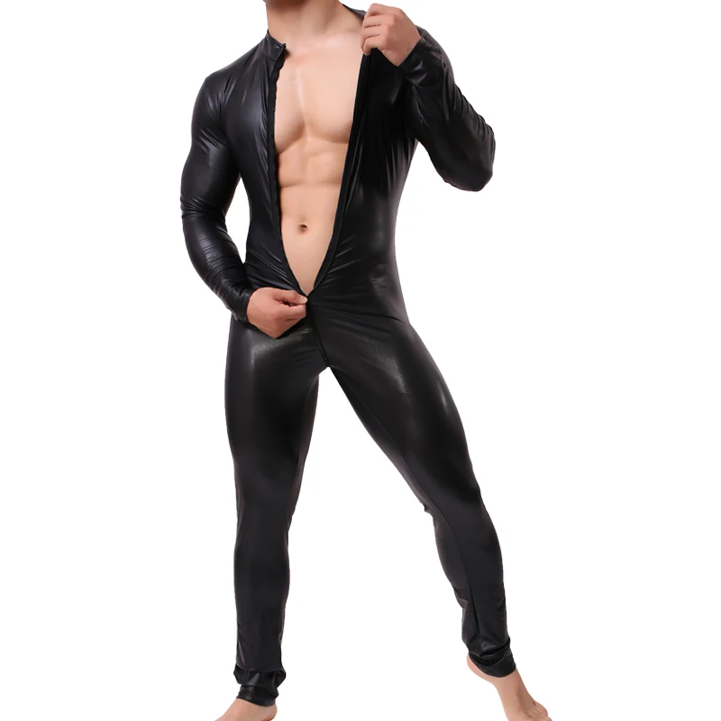 Мужской кожаный латексный костюм боди черное блестящее эротическое белье одежда