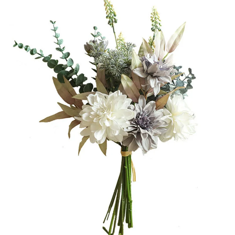 

Luxury grey Dahlia hand flowers with Eucalyptus hand grass for home wedding decorations artificial flowers