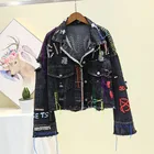 Женская джинсовая куртка, черная джинсовая куртка в английском стиле с граффити, весна 2022