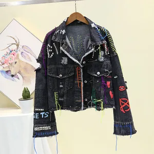 Женская джинсовая куртка, черная джинсовая куртка в английском стиле с граффити, весна 2022