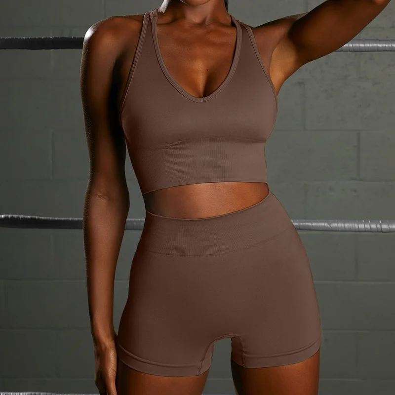 

ASHEYWR New High Waist Shorts Two-Piece Suit Women Fitness High Elastic Push Up Bras Sets Seamless Workout Set Solid Female