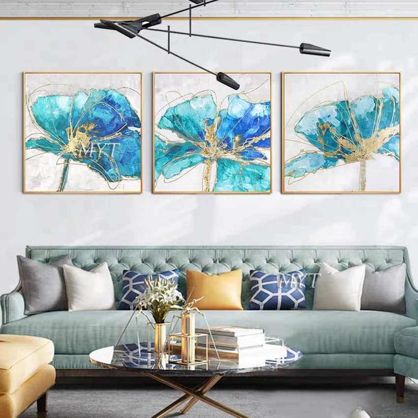 Hand-painted 3 Panels Flower Gold Foil Oil Painting Triptych Canvas Floral Wall Art Decorative Pieces Paintings For Hotel Deco | Дом и сад