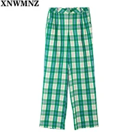 xnwmnz women basic plaid high waist button pants vintage pockets fashion green tartan print pant trousers pantalones de mujer