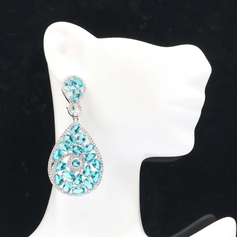

58x25mm Stunning Long Big 15.6g Rich Blue Aquamarine Smoky Topaz White CZ Wedding Bride Silver Earrings