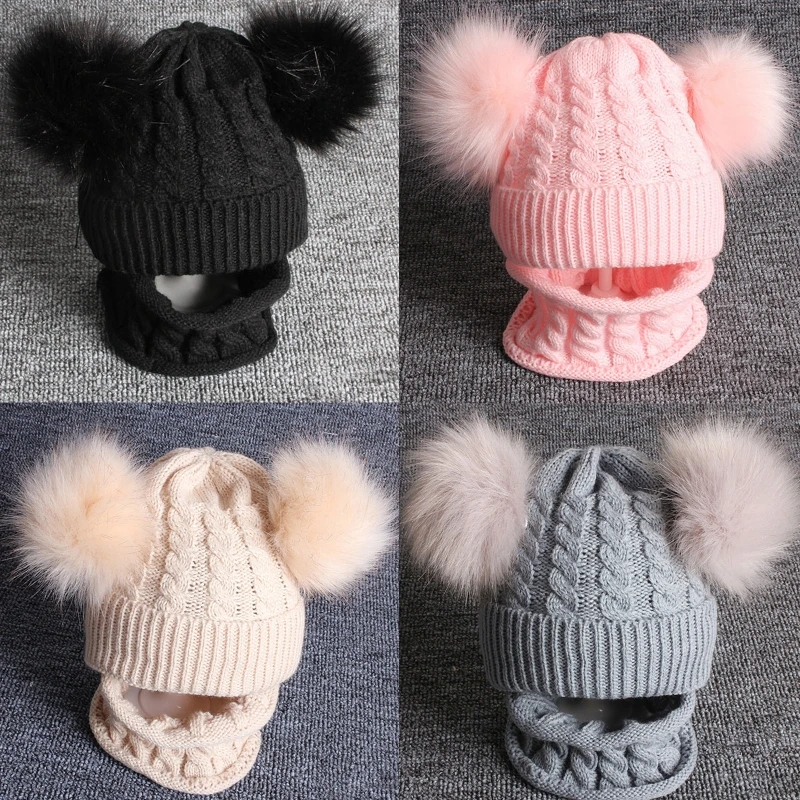 

2Pcs Toddler Baby Winter Beanie Hat Circle Loop Scarf Set Chunky Knit Solid Color Double Pom Pom Skull Cap Neck Warmer