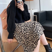 lvowe 2021 autumn and winter new high waist leopard print skirt women mid length korean retro corduroy a line skirt women